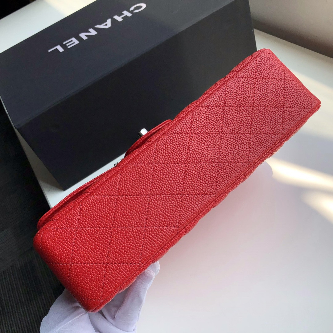Ch**el CLASSIC HANDBAG GRAINED CALFSKIN & SILVER-TONE METAL SHINY red 6 × 9.9 × 2.5 in