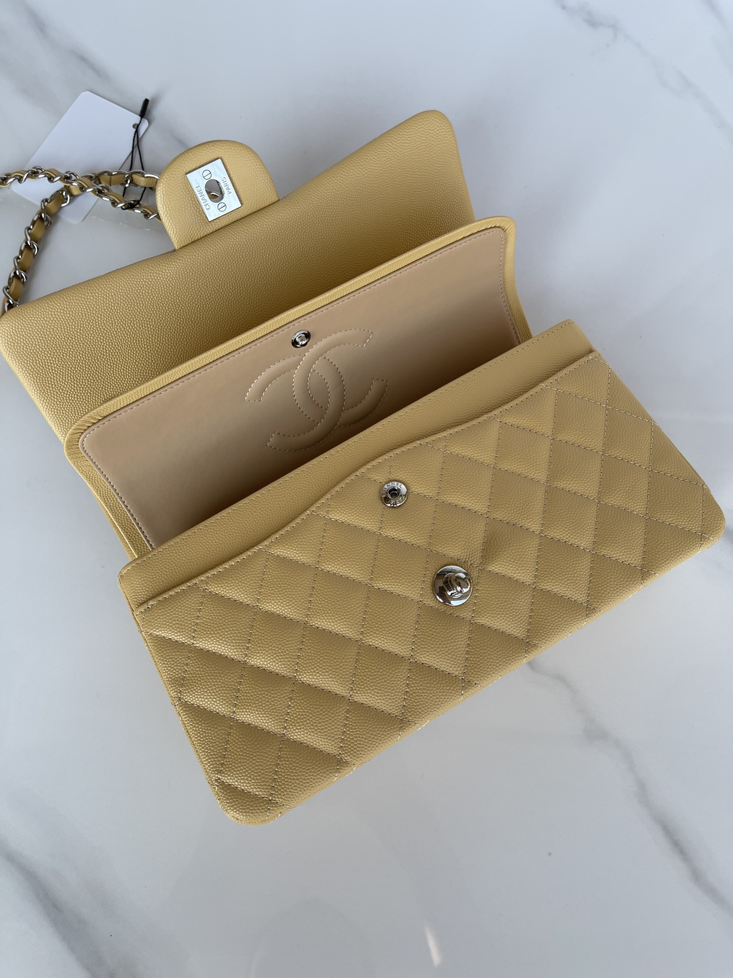 Ch**el CLASSIC HANDBAG GRAINED CALFSKIN & SILVER-TONE METAL YELLOW 6 × 9.9 × 2.5 in