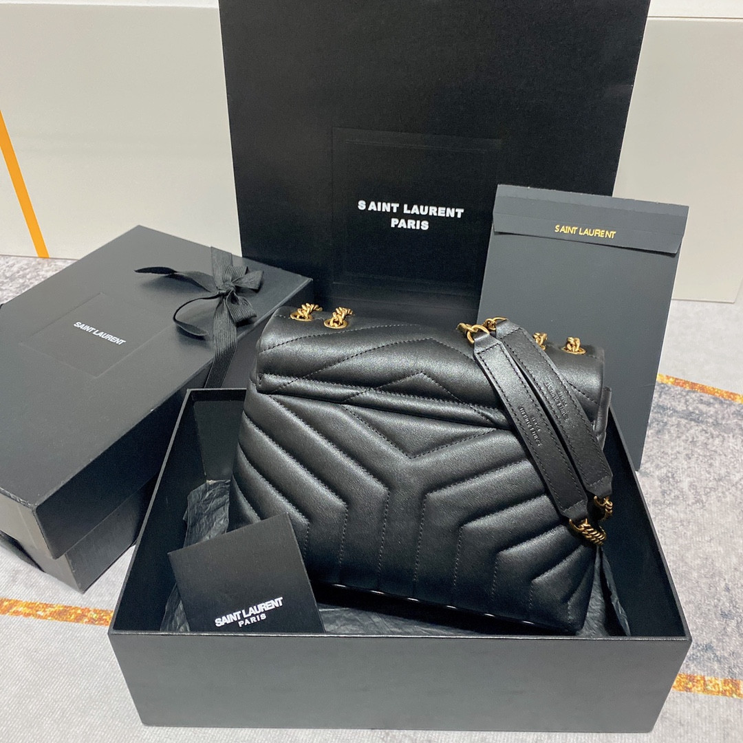 Y51 LOULOU SMALL IN QUILTED LEATHER BLACK GOLD 9 X 6.1 X 3.3 INCHES