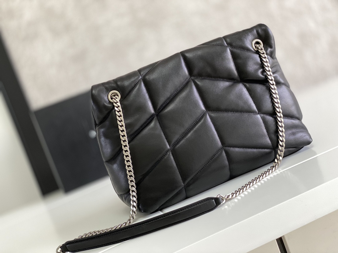 Y51 LOULOU PUFFER MEDIUM IN NAPPA LEATHER BLACK SILVER 13.7 X 9 X 5.3 INCHES