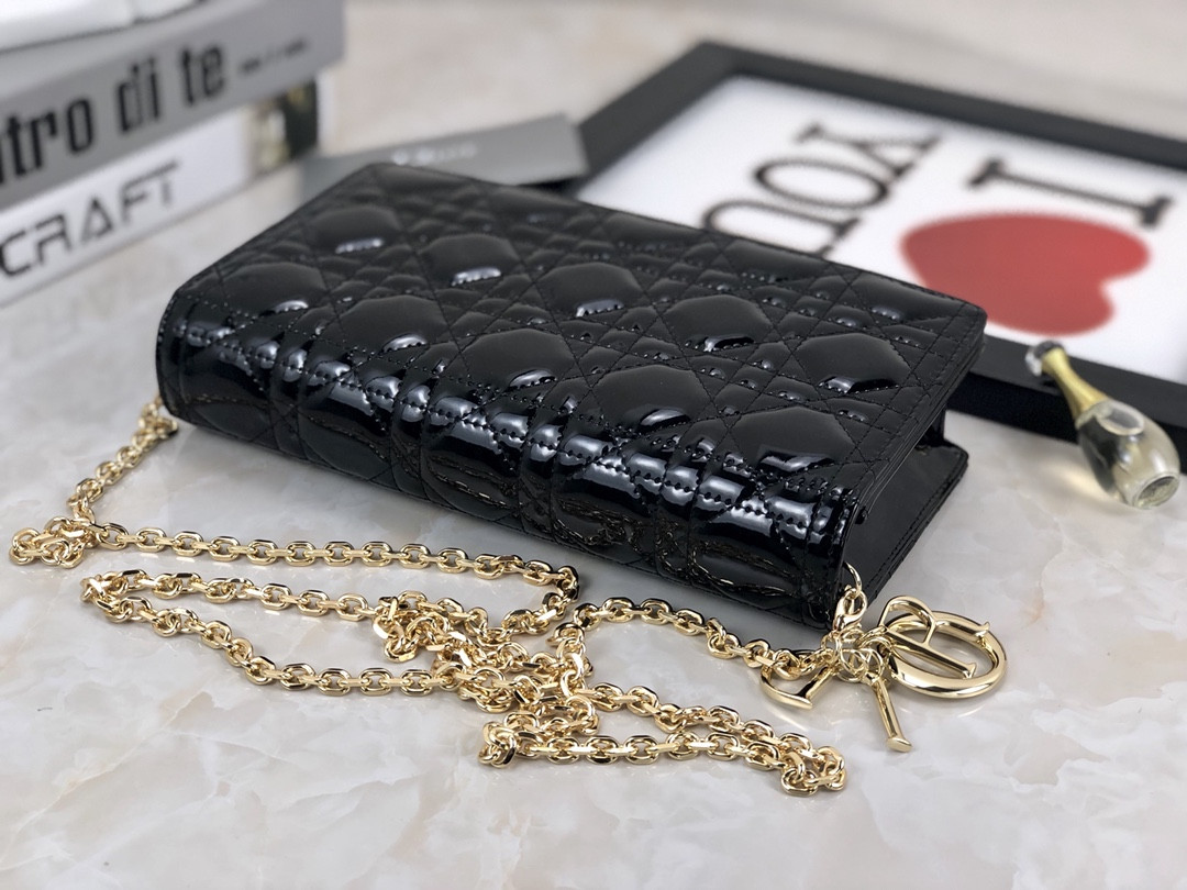 Lady D10r Pouch  Black Patent Cannage Calfskin 8.5 x 4.5 x 1 inches