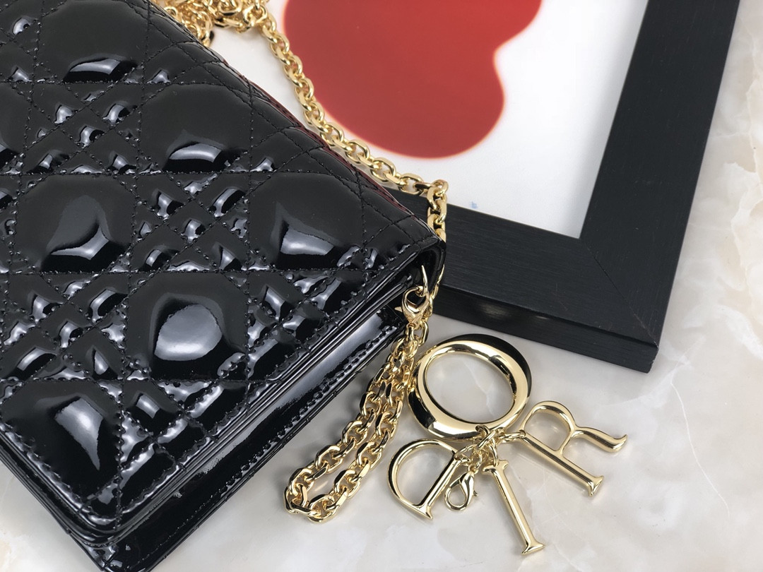 Lady D10r Pouch  Black Patent Cannage Calfskin 8.5 x 4.5 x 1 inches