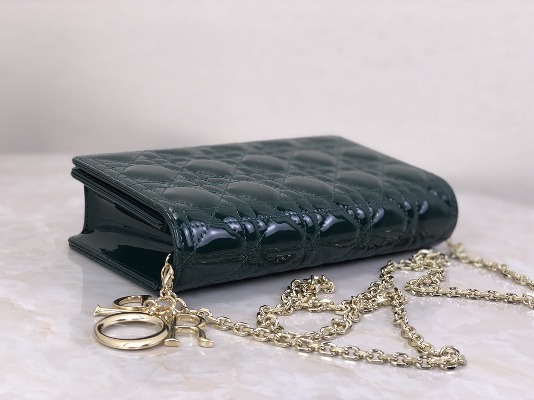 Lady D10r Pouch Dark Green Patent Cannage Calfskin 8.5 x 4.5 x 1 inches