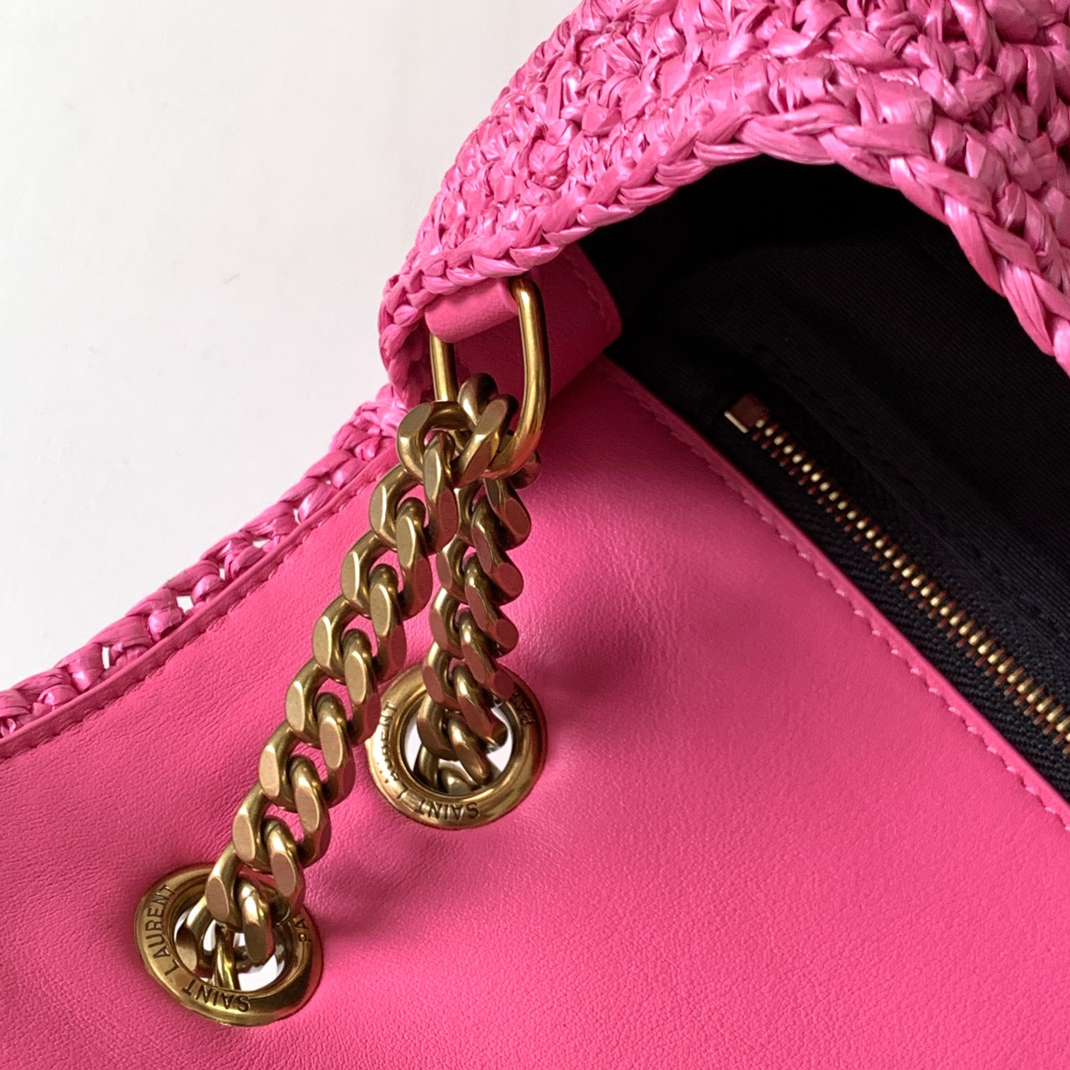 Y51 NIKI MEDIUM CHAIN BAG IN RAFFIA AND LEATHER 11 X 7.8 X 3.3 INCHES