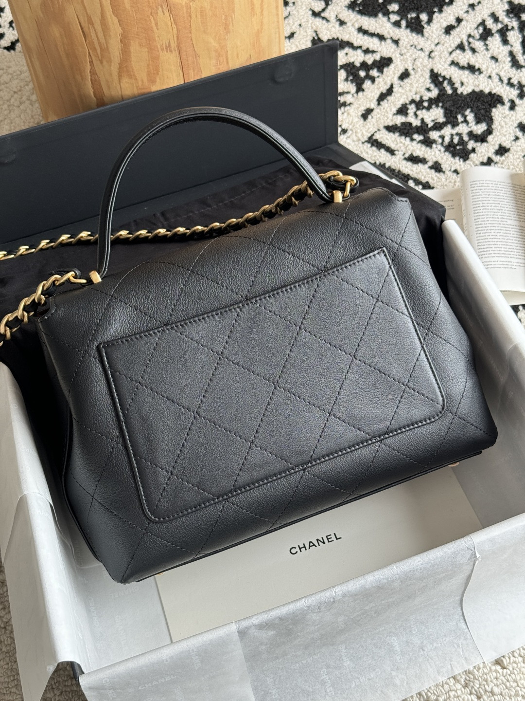 Ch**el Large Flap Bag with Top Handle Calfskin 20.5x28x9.5cm